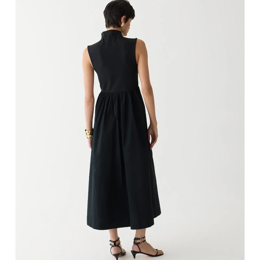 J.Crew Fitted Knit Mockneck Dress Poplin A Line Skirt Black Minimalist XXS NWT